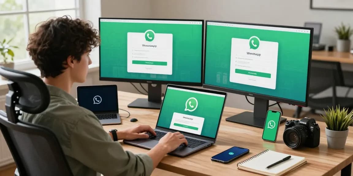 WhatsApp下載 environment with a person downloading app on laptop in a modern tech workspace.