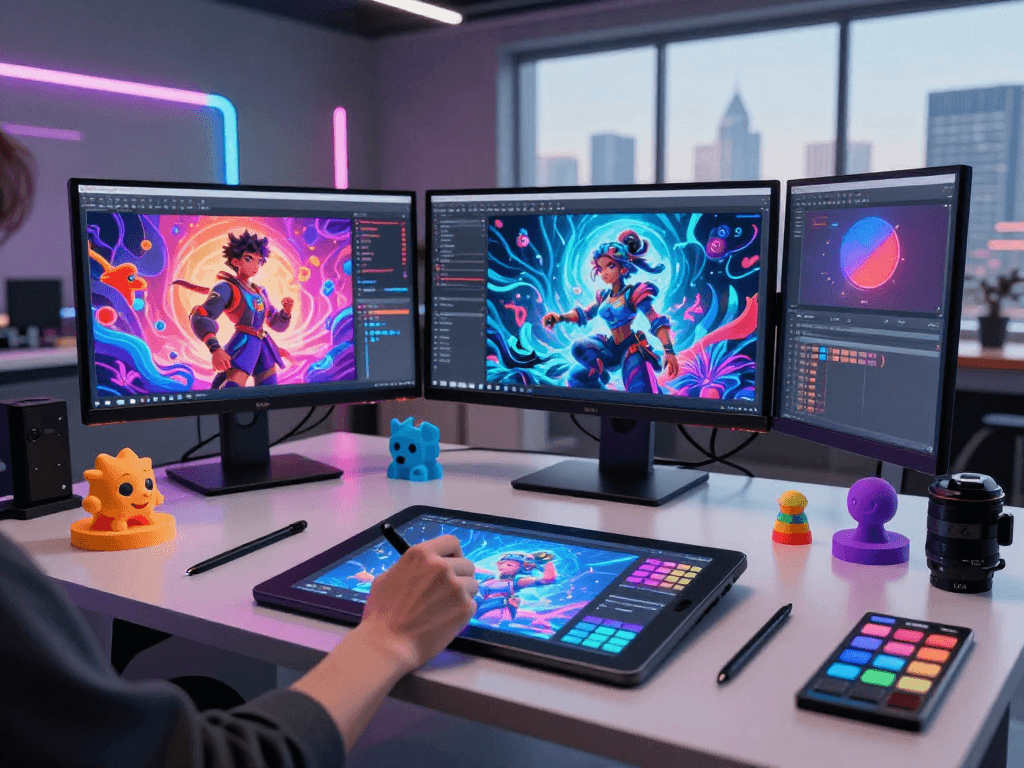 Creating innovative nsfw ai visuals in a modern studio, blending art and technology.