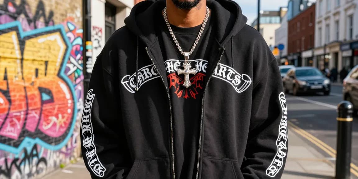 Fashionable individual showcasing Chrome Hearts hoodie and jewelry in a vibrant London urban setting.