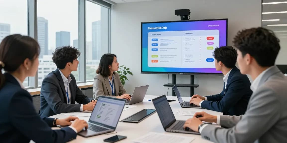 Compare business SIM only deals UK in a modern office meeting with professionals discussing mobile plans and strategies.