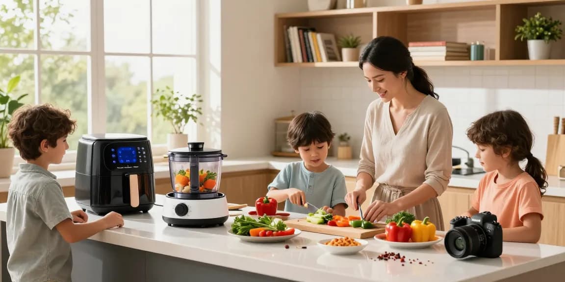 Family cooking together with AI cooking gadgets in a bright kitchen, showcasing a smart cooking assistant and vibrant ingredients.