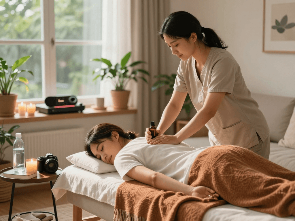 Relaxing scene of 정왕동출장마사지 at home with a therapist soothing a client.