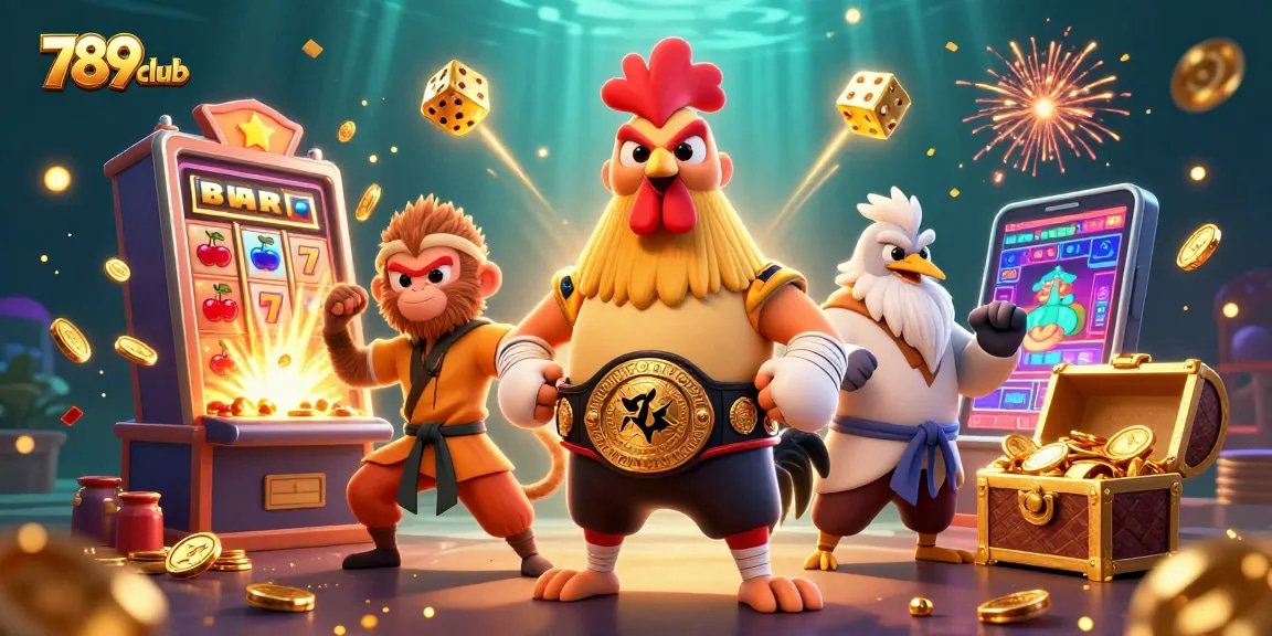 Experience thrilling casino excitement with 789club's vibrant character illustration and slot machine action.