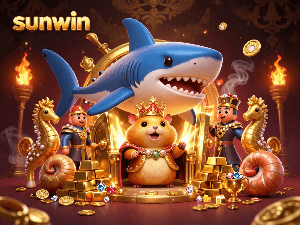 Engage with sunwin's vibrant casino scene featuring a golden hamster king and treasures.