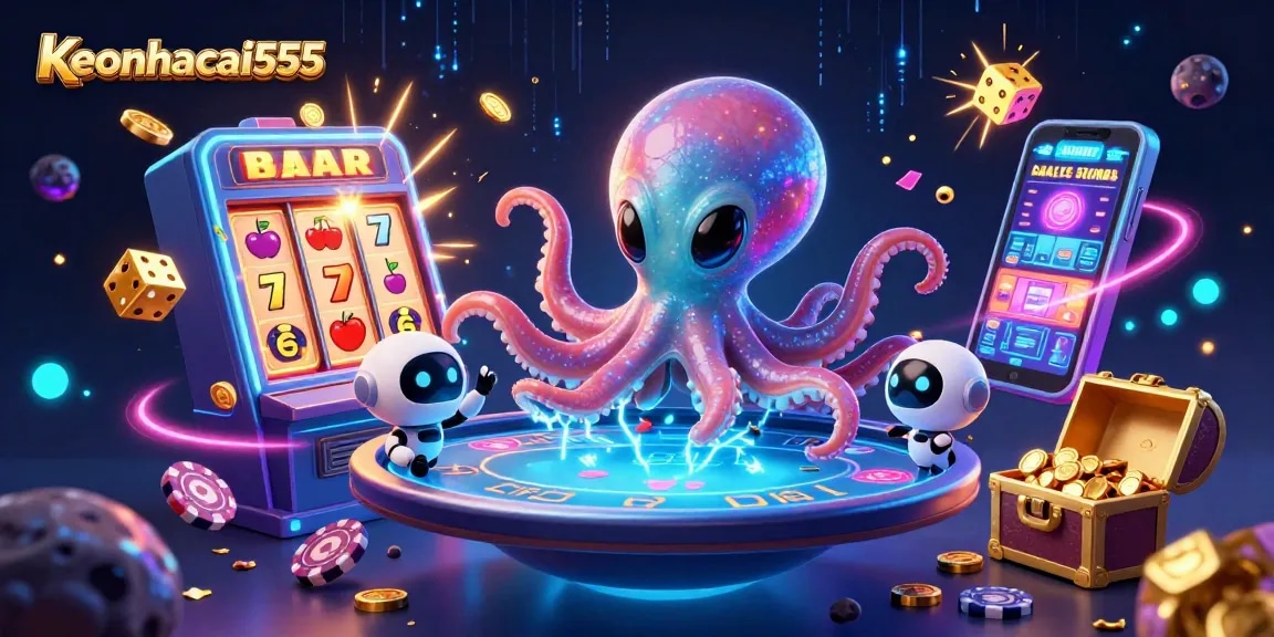 Join the excitement with keonhacai555, featuring an alien octopus at a holographic poker table.