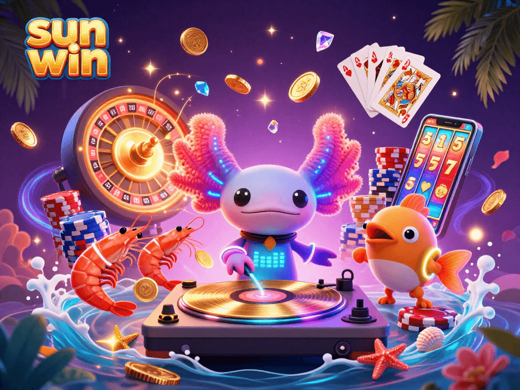 Spin and win at sun win, featuring a neon axolotl DJ and vibrant casino elements.