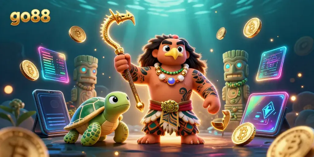 Experience vibrant gameplay action at go88 with a Polynesian demigod and casino elements.