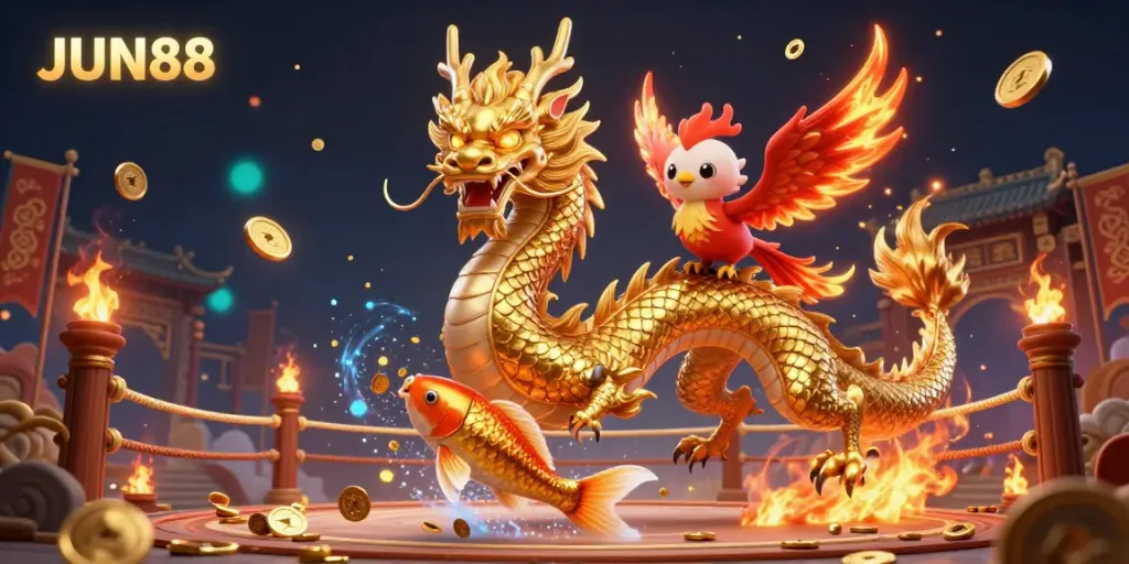 Experience the excitement of JUN88 with a fierce dragon soaring over a cascade of coins and vibrant casino elements.