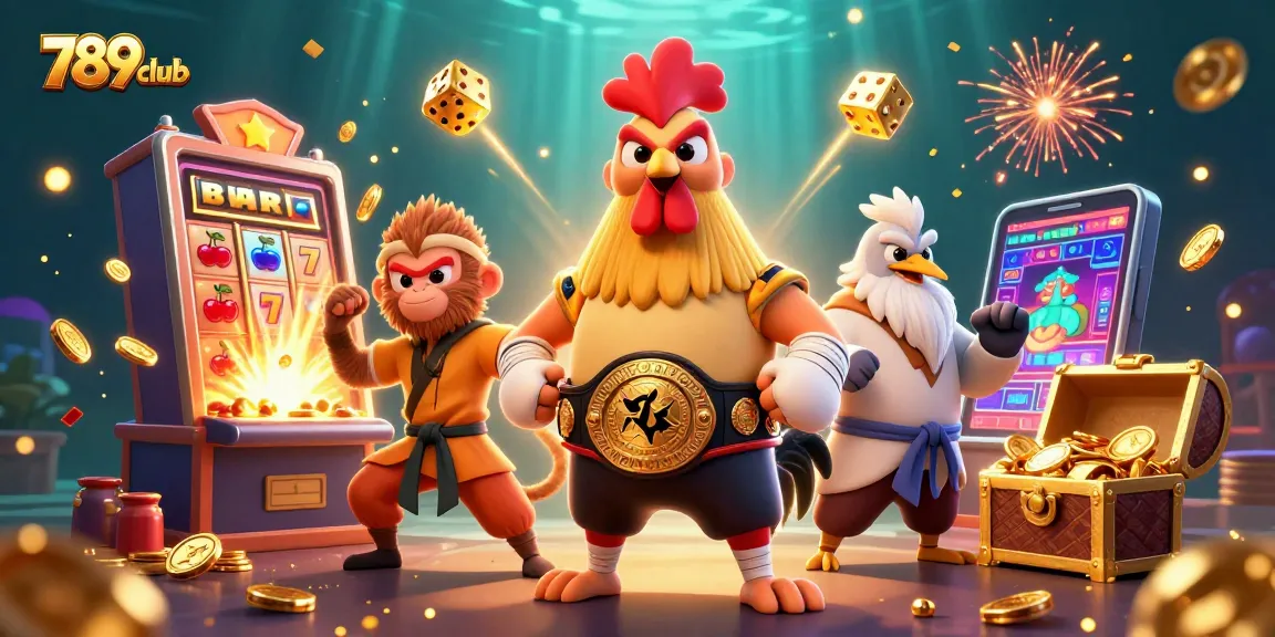 Experience thrilling casino excitement with 789club's vibrant character illustration and slot machine action.
