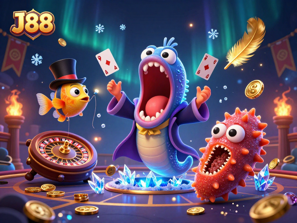 J88 players enjoy interactive card tricks in a vibrant casino-themed fantasy.