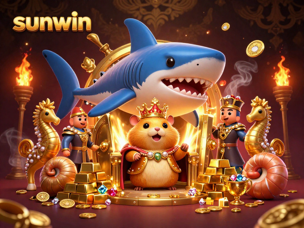 Engage with sunwin's vibrant casino scene featuring a golden hamster king and treasures.