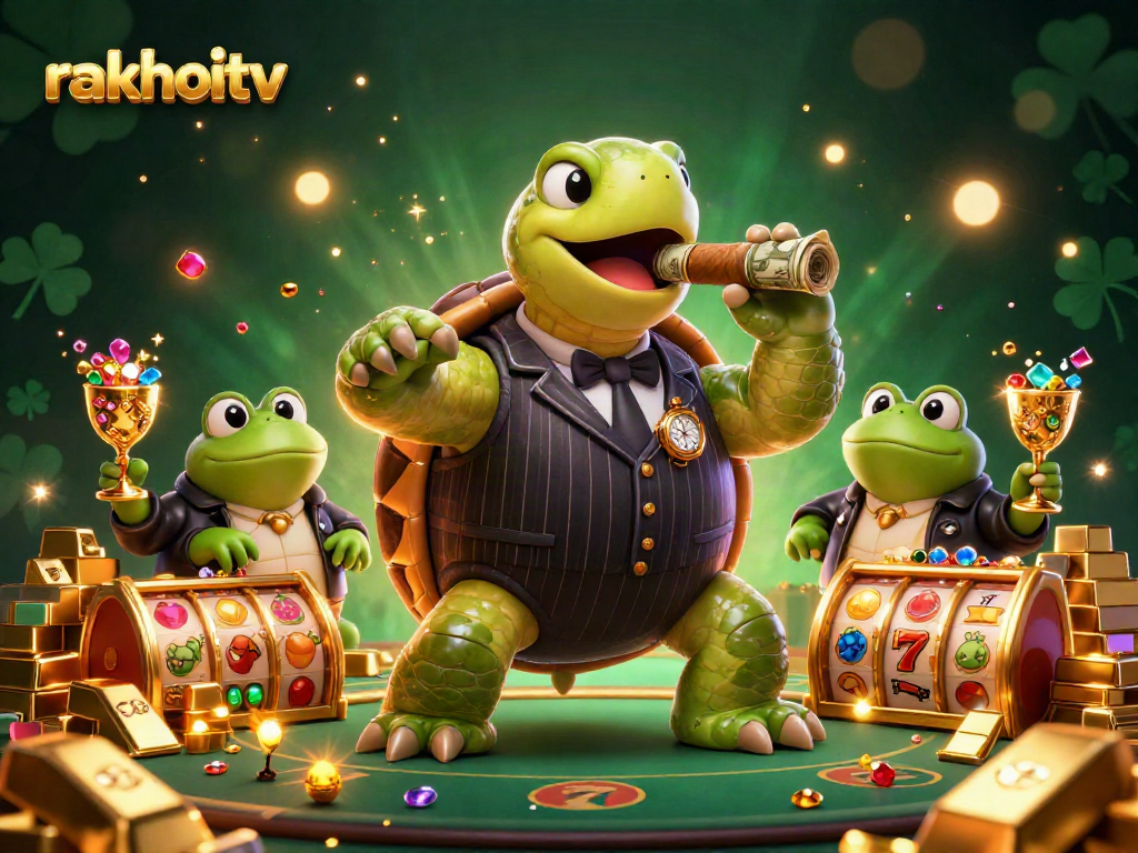 Experience the excitement of rakhoitv with a vibrant 3D illustration showcasing a snapping turtle in a casino setting, surrounded by gambling elements.