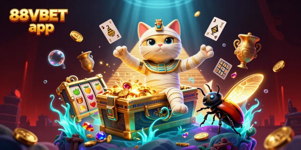 Experience thrilling wins with the 88VBET app and a cartoon Egyptian mummy cat in a vibrant casino.