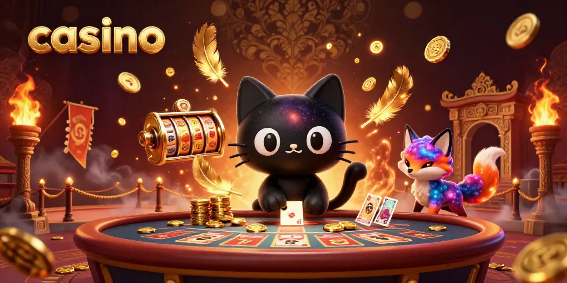 Cats and colorful clouds at a casino table pulling in gold chips, dynamic cosmic vibes