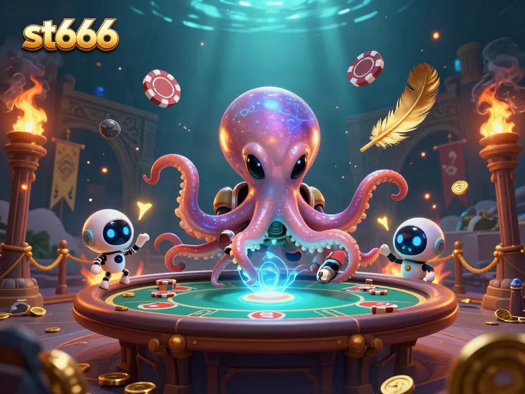 Engage with st666 at a vibrant holographic poker table amidst an animated cosmic scene.