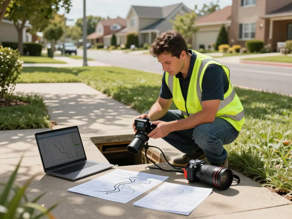 Drainage Surveyors Surrey during a CCTV assessment in a residential area, highlighting advanced inspection equipment and detailed reports.