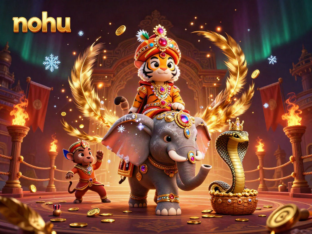 Experience the thrilling wins at NOHU with the majestic tiger and jewel-encrusted elephant in a vibrant casino scene.