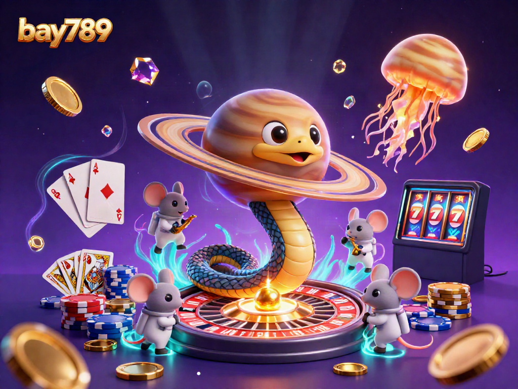 Experience bay789's cosmic gambling realm with a unique 3D Saturn-inspired roulette scene featuring animated characters.