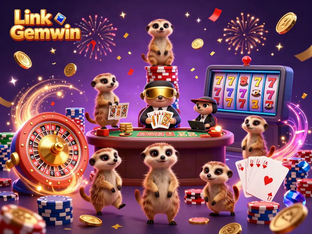 Experience the vibrant casino world of Link Gemwin with meerkats managing a thrilling gambling scene, overflowing with excitement.