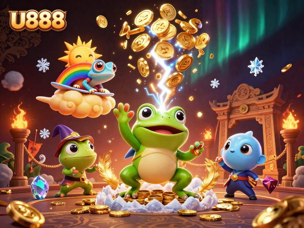 Experience thrilling wins at U888 with golden coins raining from the weather wizard frog in a vibrant 3D casino world.