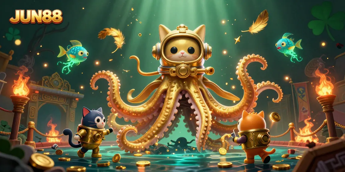 Experience thrilling casino action at JUN88 with a colorful scene featuring a kraken and diving cat.