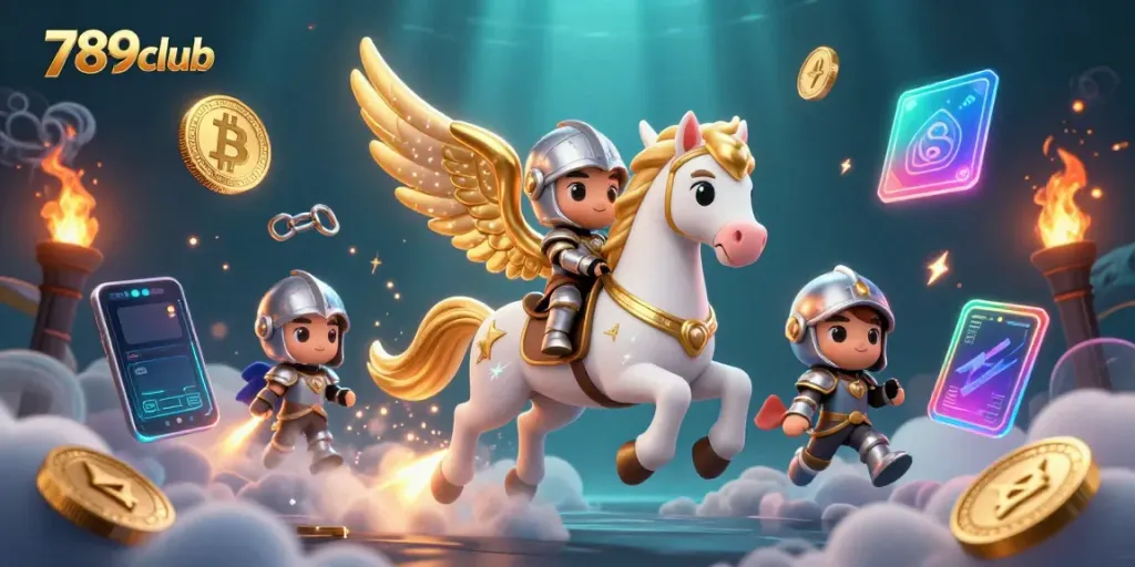 Experience thrilling gameplay with 789club featuring a celestial knight riding a magical horse amidst crypto elements.