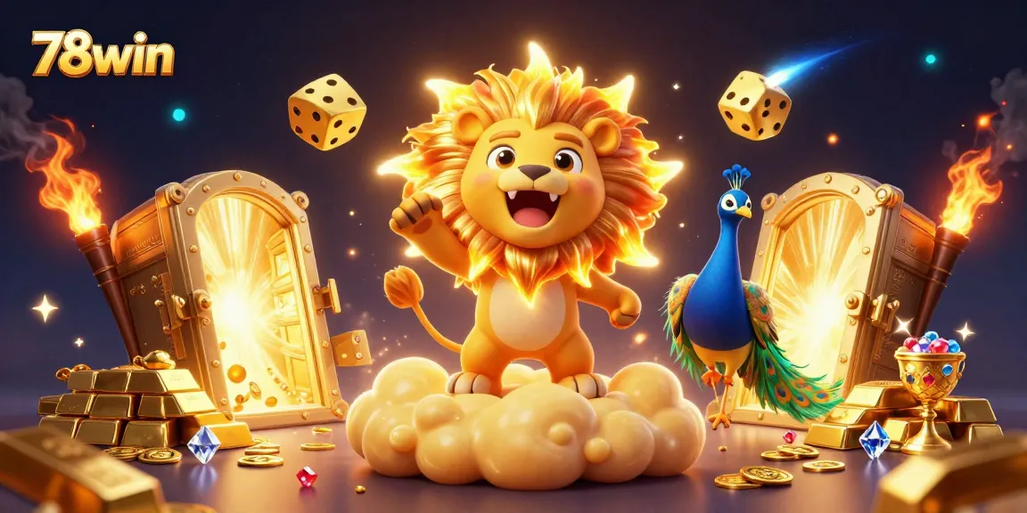 Win big with 78win at this vibrant casino-themed illustration showcasing golden treasures and playful characters