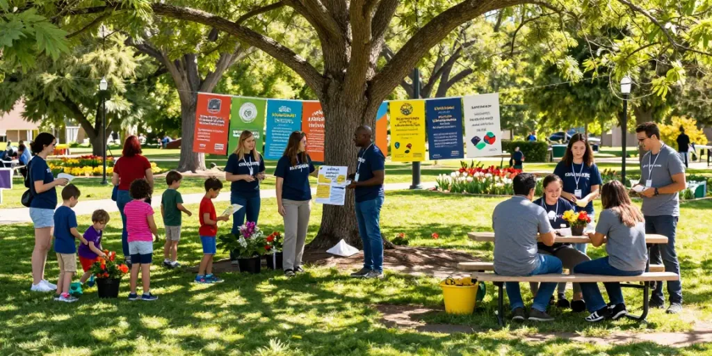Community volunteers engaging in social-impact activities at a sunny park gathering, showcasing the IDEALIST spirit of collaboration.