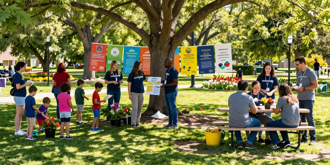 Community volunteers engaging in social-impact activities at a sunny park gathering, showcasing the IDEALIST spirit of collaboration.