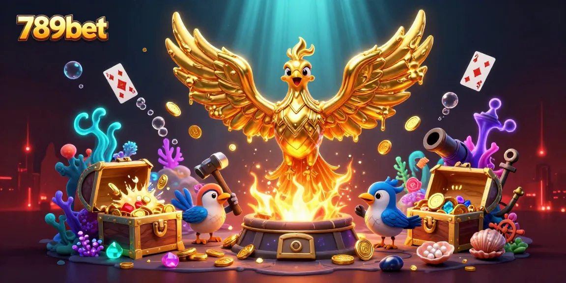 Witness the dynamic golden phoenix of 789bet soaring amidst treasure, playing cards, and coral gems, enhancing your casino adventure.