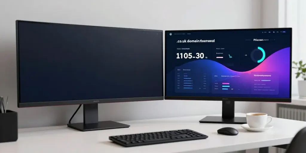 .co.uk renewal price comparison displayed on an ultrawide monitor in a minimalist developer workspace.