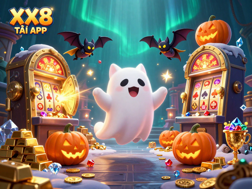Experience the thrills of XX8 TẢI APP in a haunted casino with vibrant characters and dazzling treasures.
