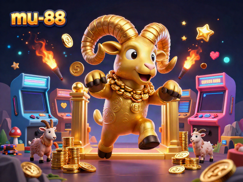 Engage with the mu-88 gaming adventure as a golden ram charges through an electrifying casino scene.