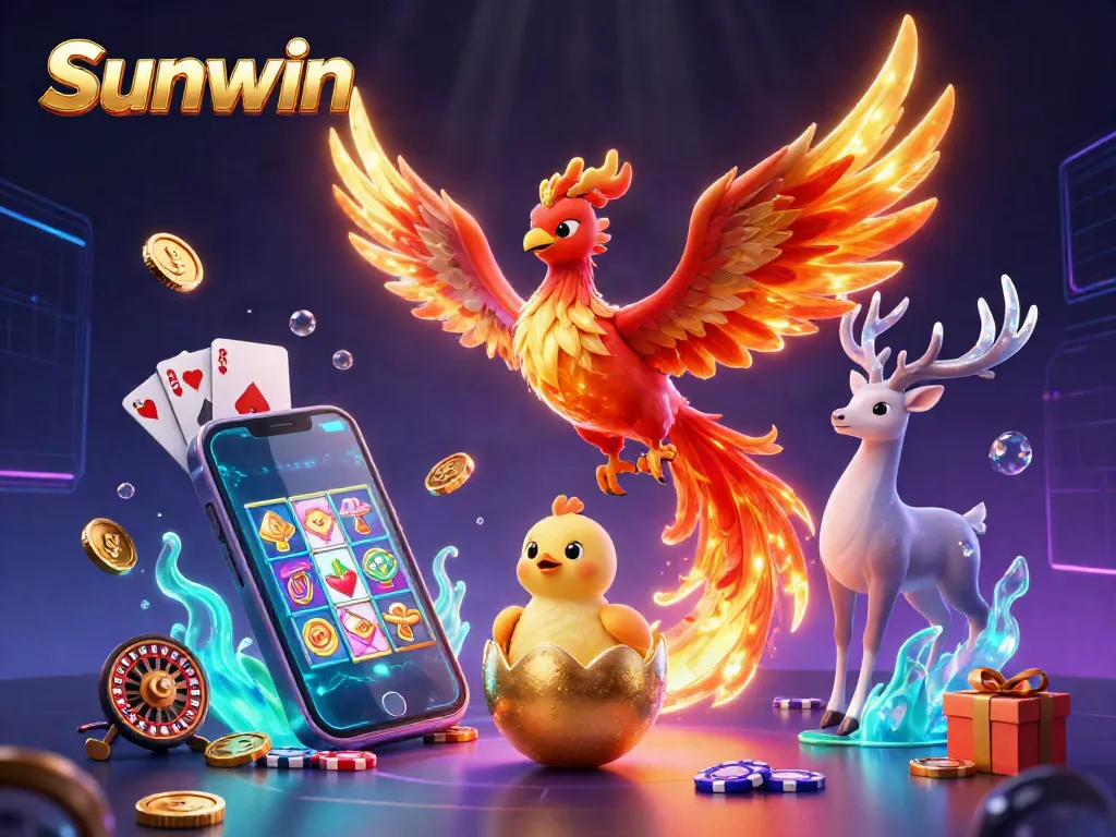 Experience the thrilling world of Sunwin, where phoenix characters soar amidst vibrant casino game elements.
