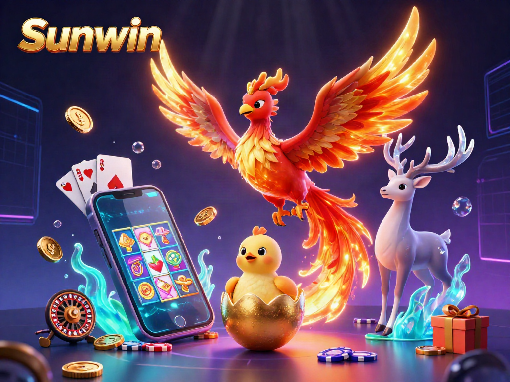 Experience the thrilling world of Sunwin, where phoenix characters soar amidst vibrant casino game elements.