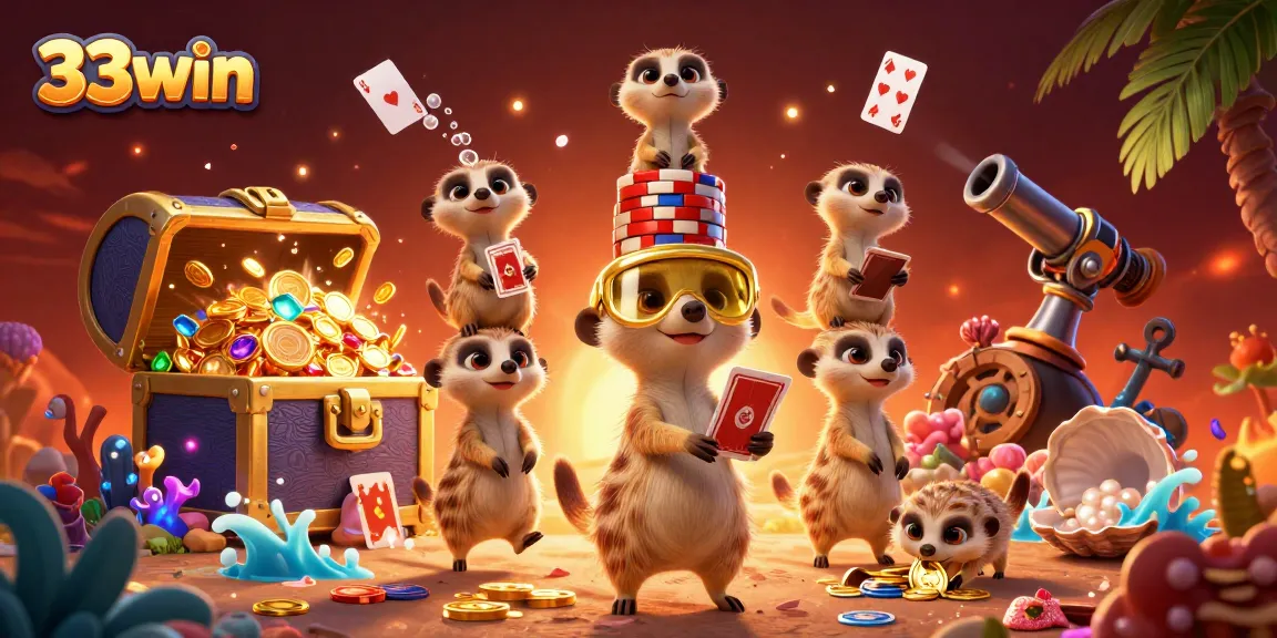 Experience thrilling gaming action at 33win's vibrant casino with detailed meerkat characters.