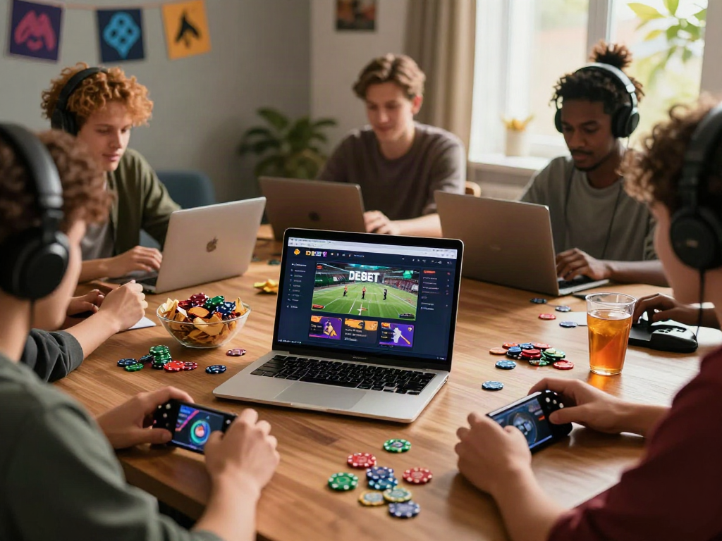 Players enjoying DEBET online gaming platform with colorful tokens and devices.