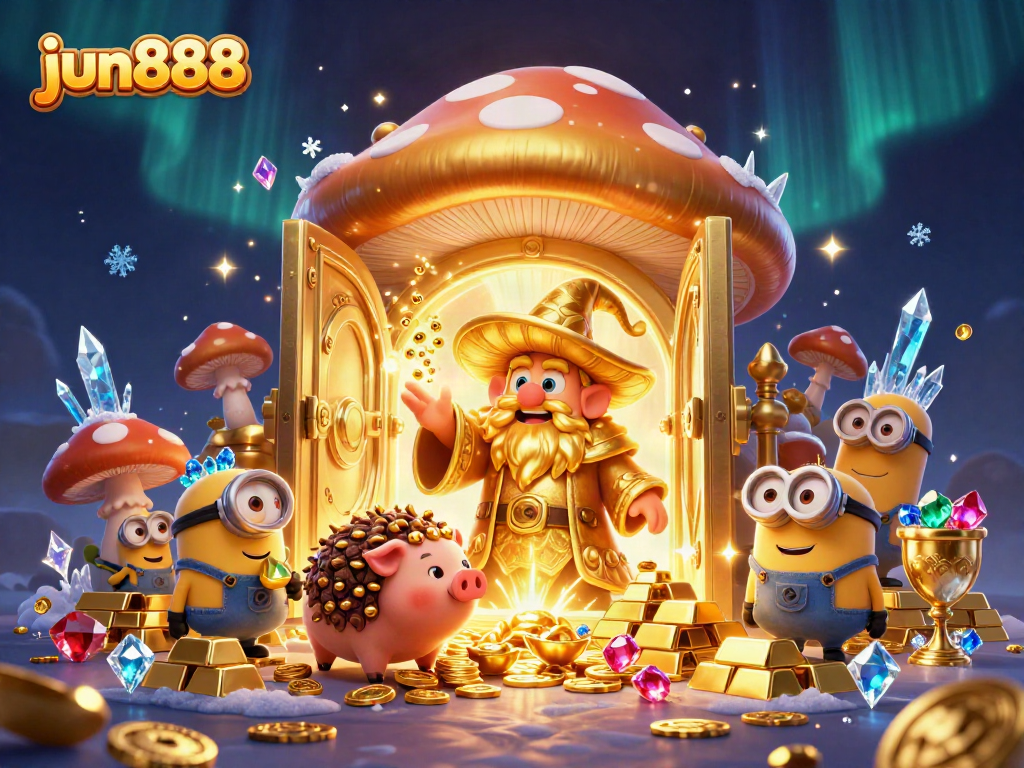 Engage with jun888's magical gaming world featuring a golden wizard, treasures, and vibrant gems.