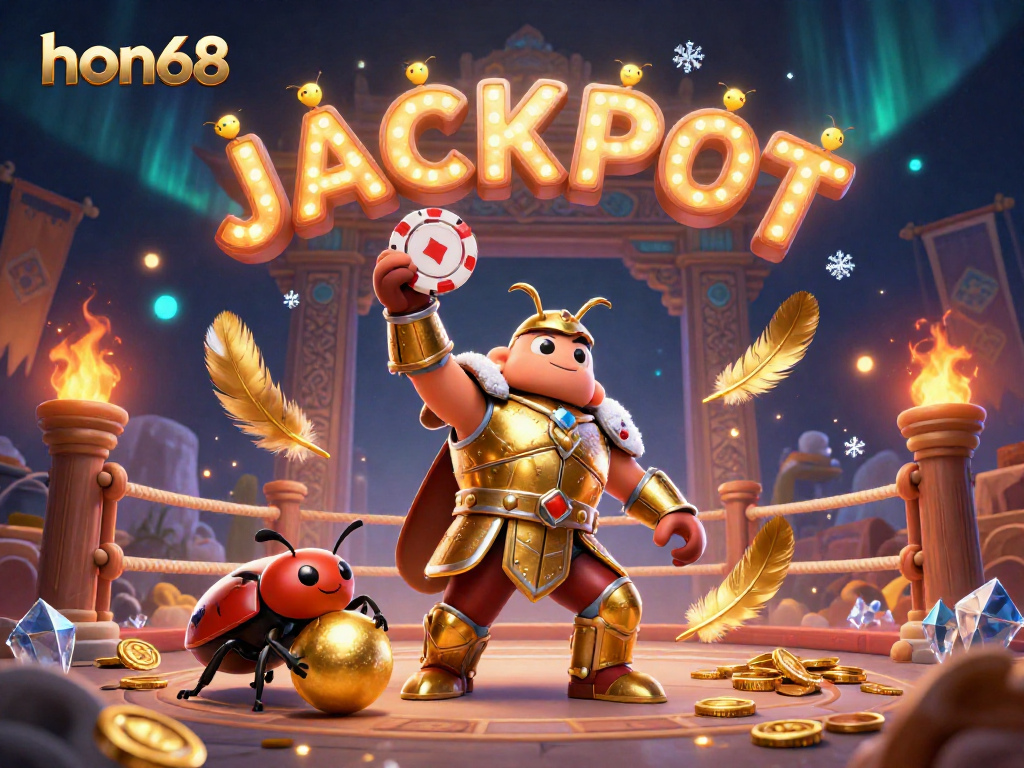 hon68 boosts excitement with 3D cartoon heroes lifting poker chips in a vibrant gambling scene.