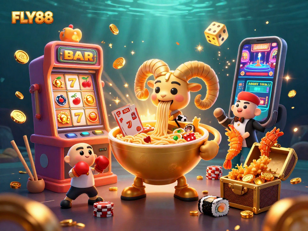 Engage in thrilling gaming action with FLY88 as characters deliver cards and chips in a vibrant casino atmosphere.