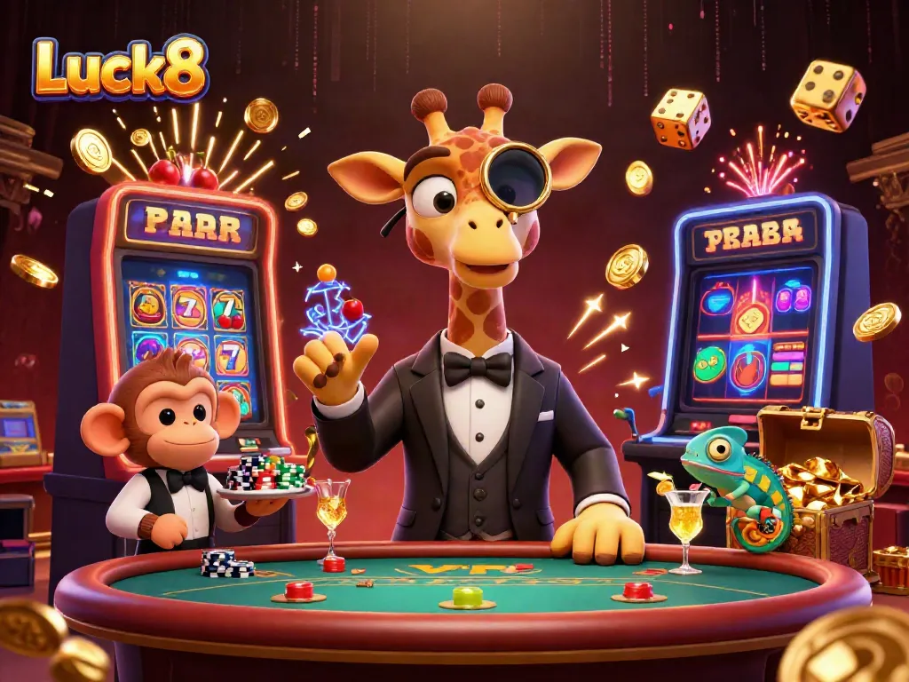 Experience the thrill of Luck8 with a high-roller giraffe, monkey valet, and chameleon bartender in an exciting casino scene.