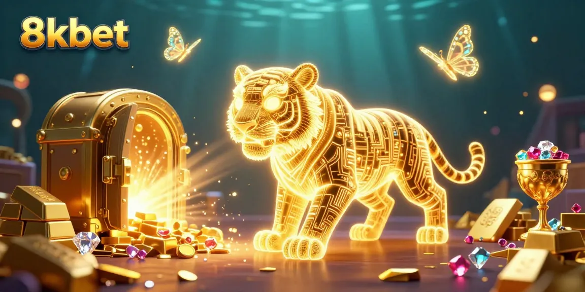 Experience the thrill of 8kbet casino with vibrant 3D elements showcasing gold, gems, and a neon tiger.