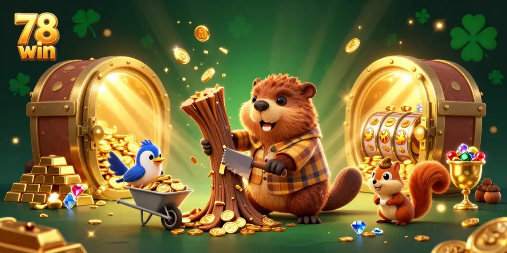 Experience the thrill of 78 win as a beaver chops coins raining down in a vibrant casino scene.