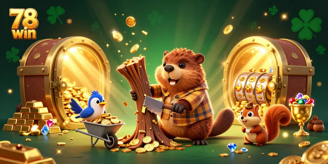 Experience the thrill of 78 win as a beaver chops coins raining down in a vibrant casino scene.