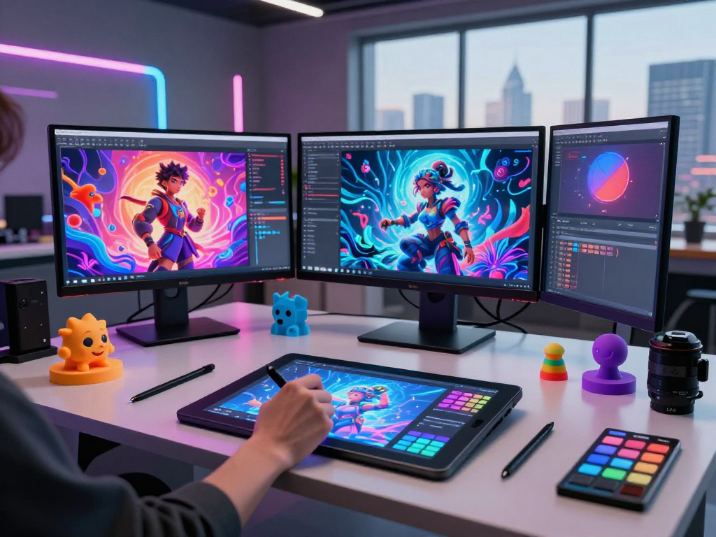 Creating innovative nsfw ai visuals in a modern studio, blending art and technology.
