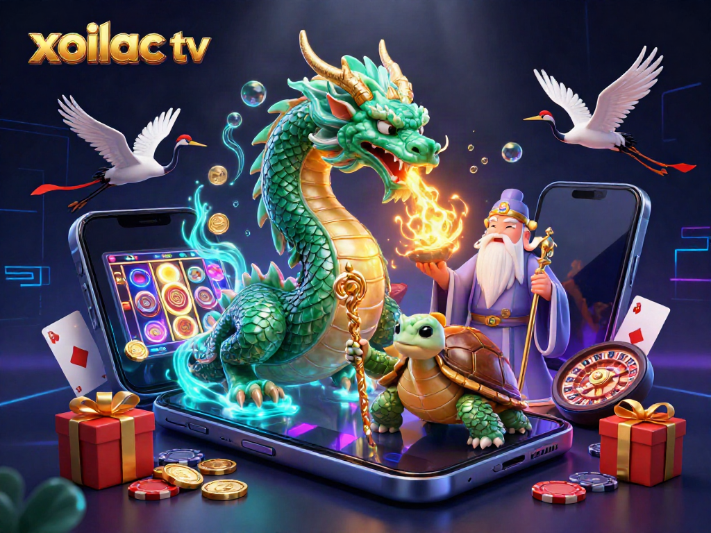 Engage with xoilac tv as a jade dragon unleashes golden fire in an action-packed casino scene.