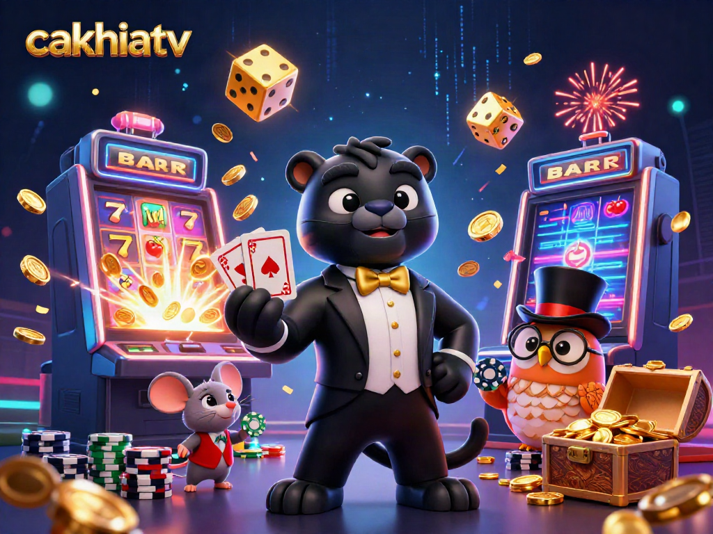 Engage with the excitement of cakhiatv as a stylish panther deals cards amid a jackpot explosion in a vibrant casino scene.