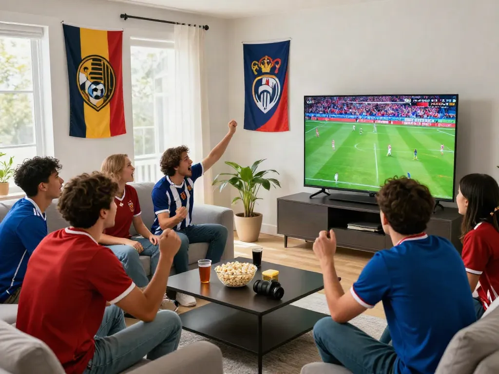 Thapcamtv fans enjoying a live football match in a vibrant living room setting.