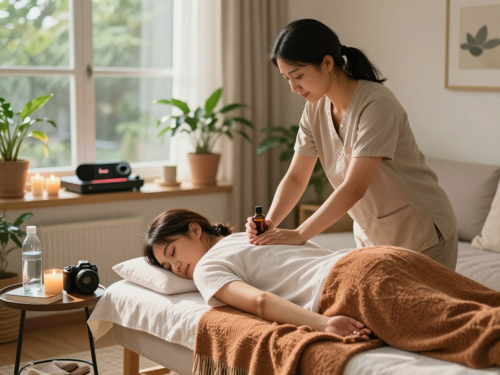 Relaxing scene of 정왕동출장마사지 at home with a therapist soothing a client.