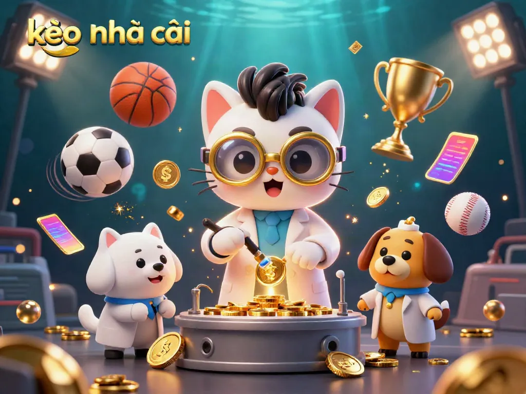 Engaging scene showcasing kèo nhà cái with a mad scientist cat and loyal dog, creating betting excitement in sports.